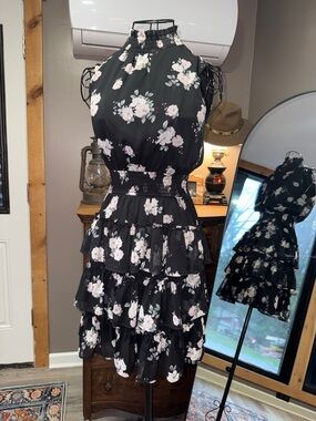 Express Black Halter Tiered Mini Dress with Blush Floral